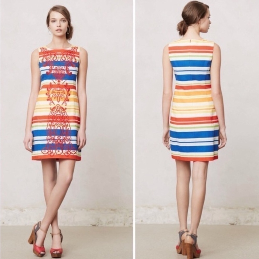 Anthropologie Banded Totem Striped Embroidered Sleeveless Shift Dress Sz 0